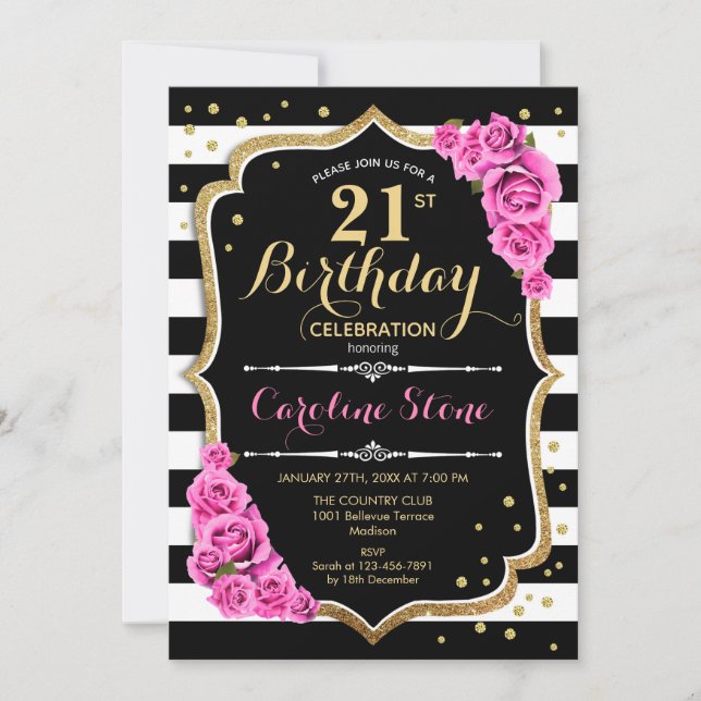 Invitación de cumpleaños 21 franjas blancas rosada (Anverso)