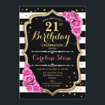 Invitación de cumpleaños 21 franjas blancas rosada<br><div class="desc">Invitación al cumpleaños 21 Elegante diseño rosa blanco negro con falso purpurina. Rayas negras y blancas con rosas rosas rosas. Perfecto para una elegante fiesta de cumpleaños.</div>