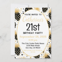 Invitación de cumpleaños 21, fresa dorada y negra