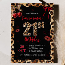 Invitación de cumpleaños 21 Leopard Cheetah Cherry