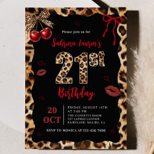 Invitación de cumpleaños 21 Leopard Cheetah Cherry