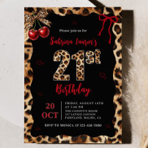 Invitación de cumpleaños 21 Leopard Cheetah Cherry