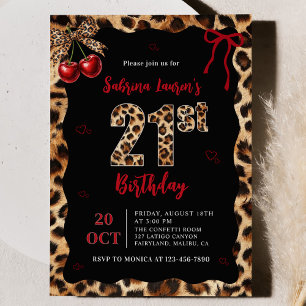 Invitación de cumpleaños 21 Leopard Cheetah Cherry