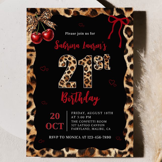 Invitación de cumpleaños 21 Leopard Cheetah Cherry (Subido por el creador)