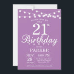 Invitación de cumpleaños 21 Lilac Lavanda Púrpura<br><div class="desc">Invitación de cumpleaños 21 con String Lights. Fondo Lilac De Lavanda Púrpura. Invitación a cumpleaños de la mujer elegante. 13. 15. 16. 18. 20. 21. 30. 40. 50. 60. 70. 80. 90. 100. Cualquier edad. Para más personalización, haga clic en el botón "Personalizar" y utilice nuestra herramienta de diseño para...</div>