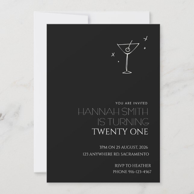 Invitación de cumpleaños 21 minimalista en negro y (Anverso)