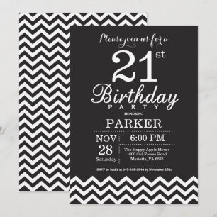 Invitación de cumpleaños 21 negro y blanco Chevron