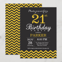 Invitación de cumpleaños 21 negro y chevron amaril