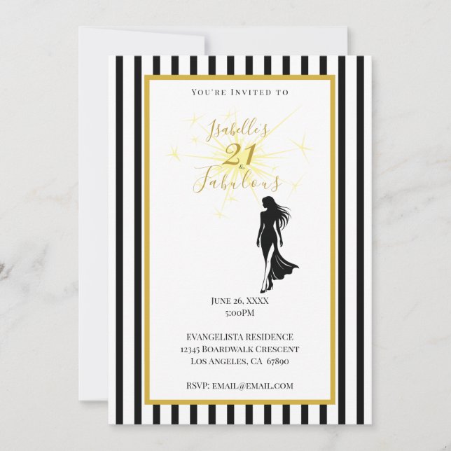 Invitación de cumpleaños 21 negro y dorado (Anverso)
