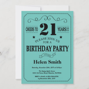 Invitación de cumpleaños 21 negro y teal