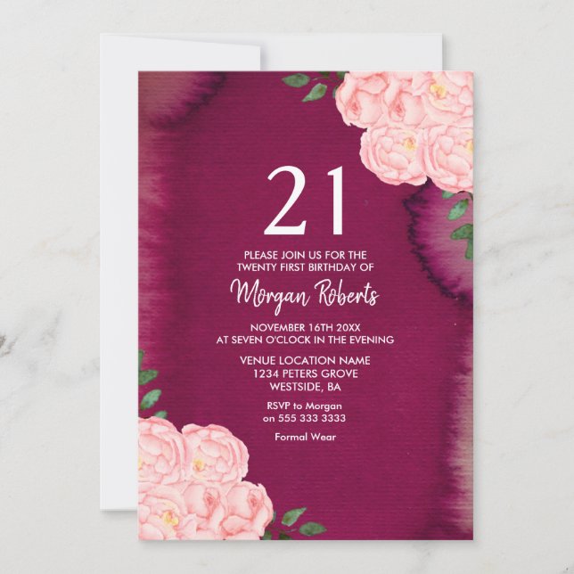 Invitación de cumpleaños 21 Pink Rose Burgundy Pur (Anverso)