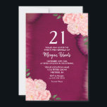 Invitación de cumpleaños 21 Pink Rose Burgundy Pur<br><div class="desc">Rosa Rosa Borgoña Morado Rosa 21ª Cumpleaños Invitar a la acuarela pintada a mano diseño floral Ver colección coincidente en nicho y tienda de nidos</div>