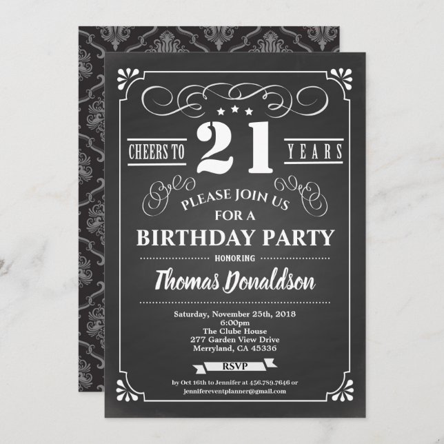 Invitación de cumpleaños 21 retro. Chalkboard vint (Anverso / Reverso)