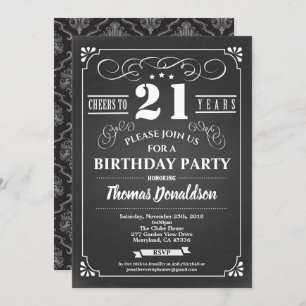 Invitación de cumpleaños 21 retro. Chalkboard vint
