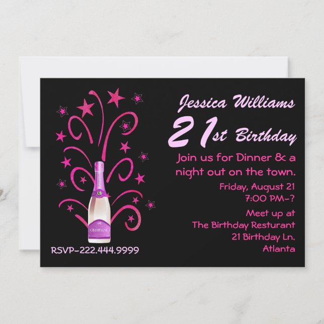Invitación de cumpleaños 21 rosado y negro (Anverso)