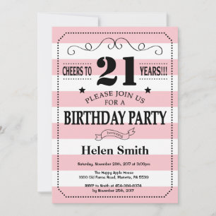 Invitación de cumpleaños 21 rosado y rayas blancas