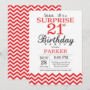 Invitación de cumpleaños 21 sorpresa Chevron rojo