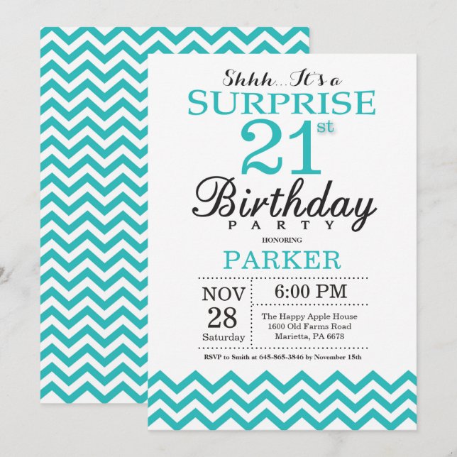 Invitación de cumpleaños 21 sorpresa Chevron teal (Anverso / Reverso)