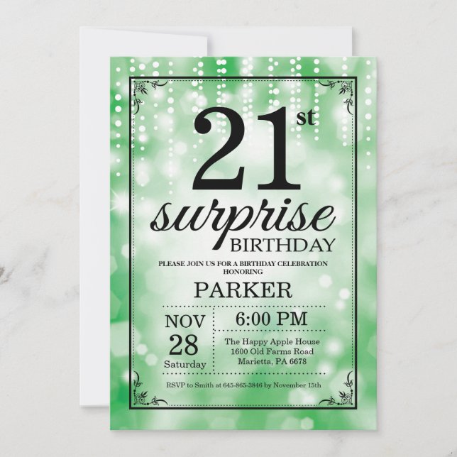Invitación de cumpleaños 21 sorpresa con brillo ve (Anverso)