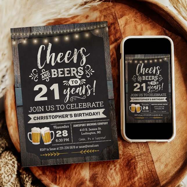 Invitación de cumpleaños 21 Sorpresa de Cheers y B (Surprise Cheers and Beers 21st Birthday Invitation)