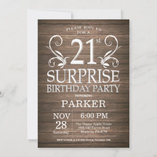 Invitación de cumpleaños 21 sorpresa de madera rús