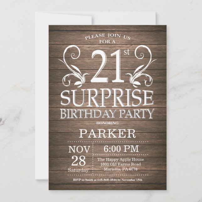 Invitación de cumpleaños 21 sorpresa de madera rús (Anverso)