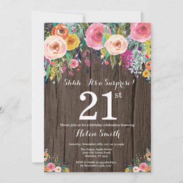Invitación de cumpleaños 21 sorpresa floral rústic (Anverso)