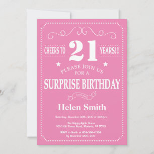Invitación de cumpleaños 21 sorpresa rosa y blanco