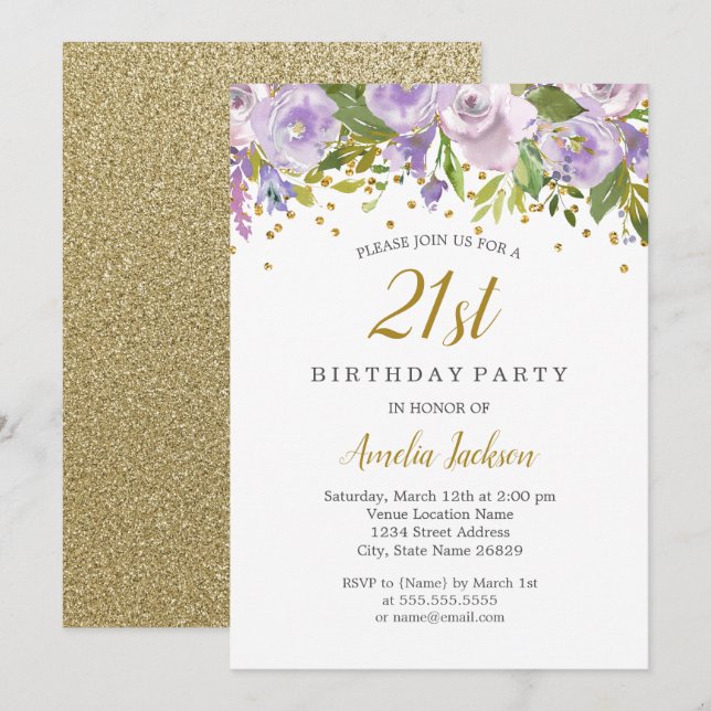 Invitación de cumpleaños 21 Sparkle Floral Purple (Anverso / Reverso)