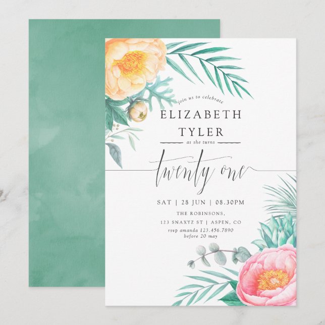 Invitación de cumpleaños 21 Tropical Mint Floral (Anverso / Reverso)