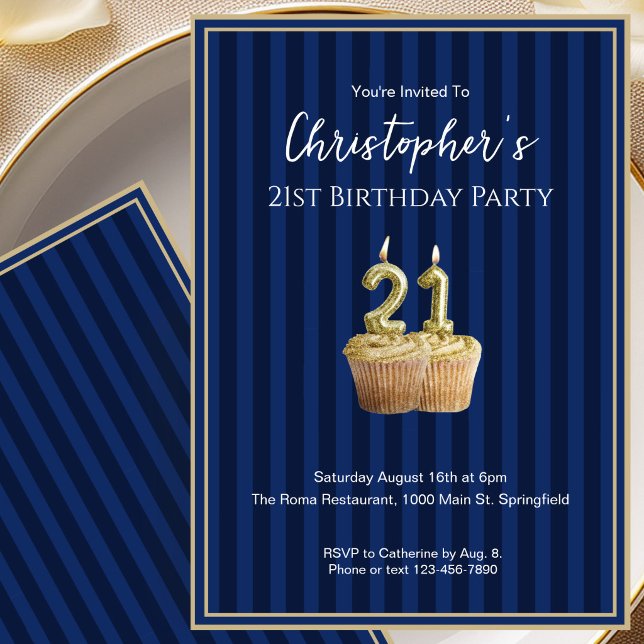 Invitación de cumpleaños 21 única azul dorada para (Subido por el creador)