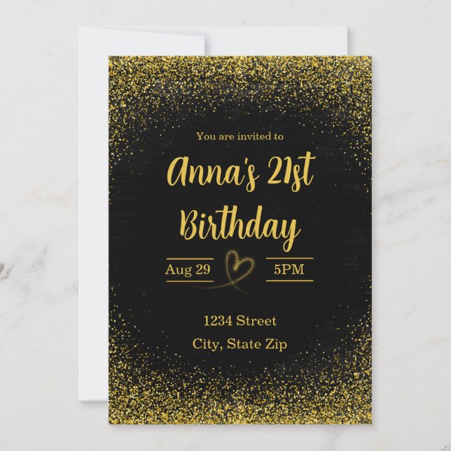 Invitación de cumpleaños 21 - Veintiuno en dorado (Anverso)