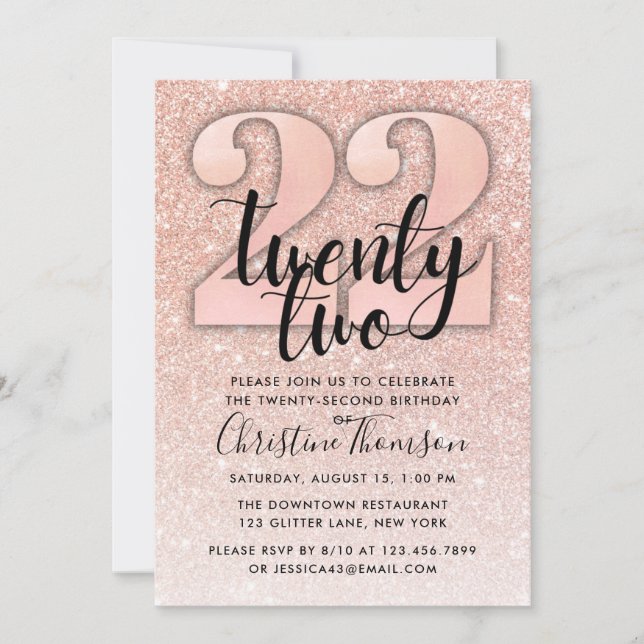 Invitación de cumpleaños 22 a Rosa Purpurina de Or (Anverso)