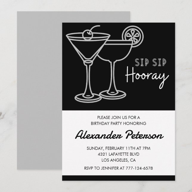 invitación de cumpleaños 22 Chic Cocktail Negro Bl (Anverso / Reverso)