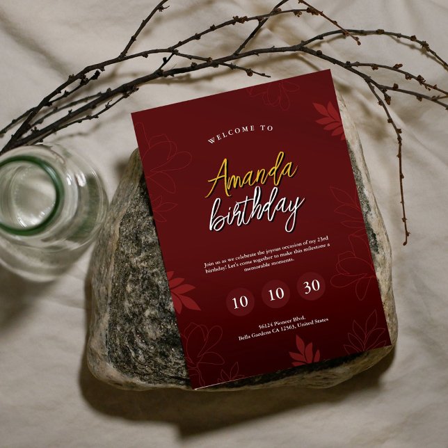 Invitación de cumpleaños 23 a Borgoña Glam Floral (Subido por el creador)