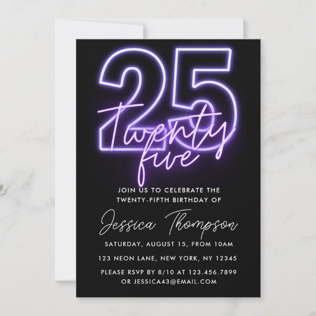 Invitación de cumpleaños 25 a la Neón Púrpura (Anverso)