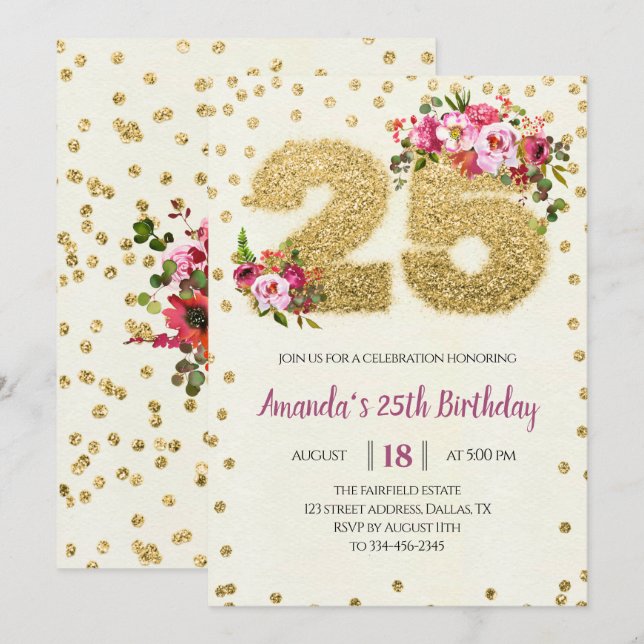 Invitación de cumpleaños 25 a Rubor Pink Floral Go (Anverso / Reverso)