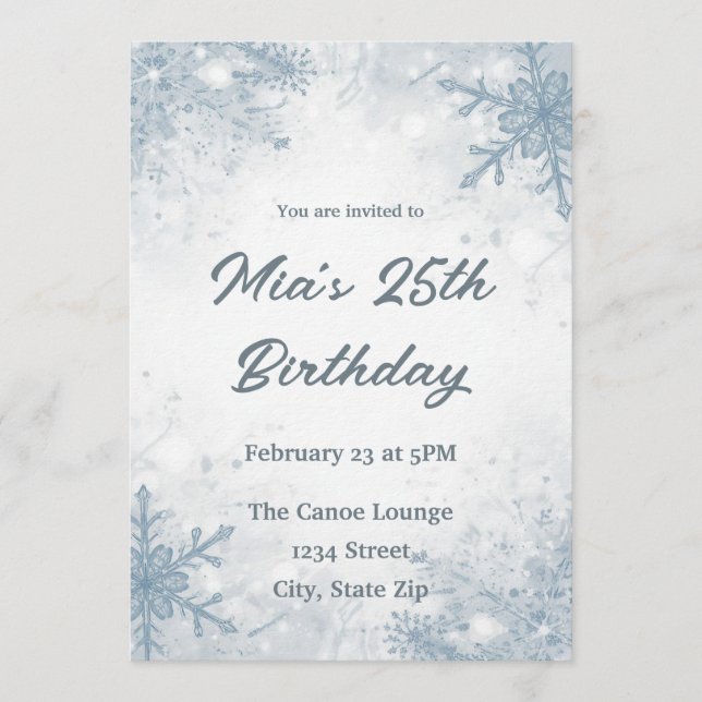 Invitación de cumpleaños 25 de invierno – Copos de (Anverso)