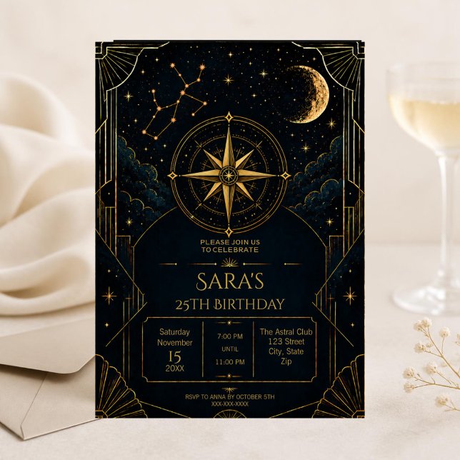 Invitación de cumpleaños 25 de Sagitario Celestial (Celestial Sagittarius 25th birthday invitation with black gold stars and elegant Art Deco style.)