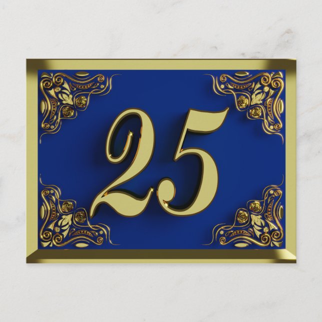 Invitación de cumpleaños 25 dorada azul real (Anverso)