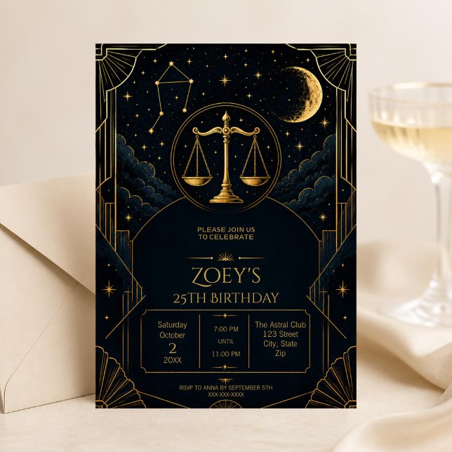 Invitación de cumpleaños 25 elegante de Libra | Ne (Elegant Libra 25th birthday invitation with black gold celestial stars and Art Deco details.)