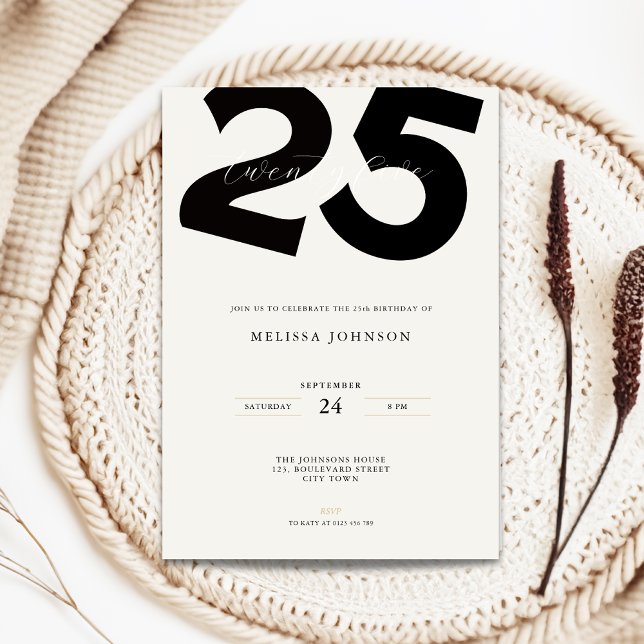 Invitación de cumpleaños 25 mínima - Tipografía Ne (Minimal 25th birthday invitation with bold typography)