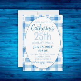 Invitación de cumpleaños 25, modelo de Gingham azu