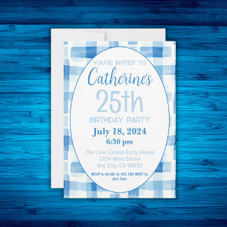 Invitación de cumpleaños 25, modelo de Gingham azu