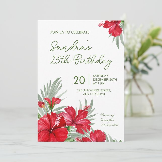 Invitación de cumpleaños 25 Tropical Floral (Anverso de pie)