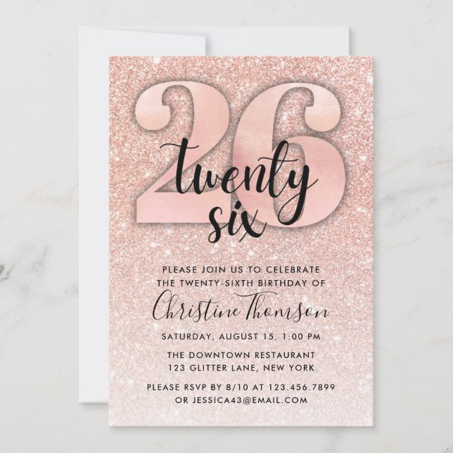 Invitación de cumpleaños 26 a Rosa Purpurina de Or (Anverso)