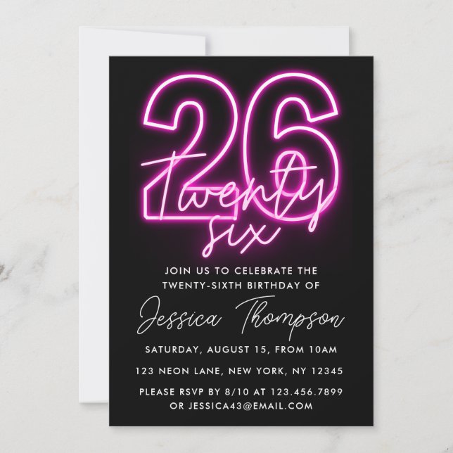 Invitación de cumpleaños 26 de Neon Pink (Anverso)