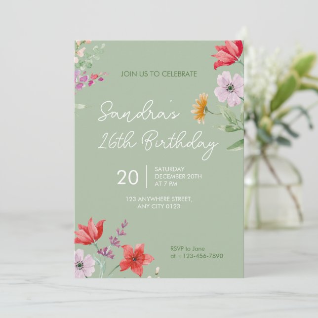 Invitación de cumpleaños 26 Simple floral salvia (Anverso de pie)