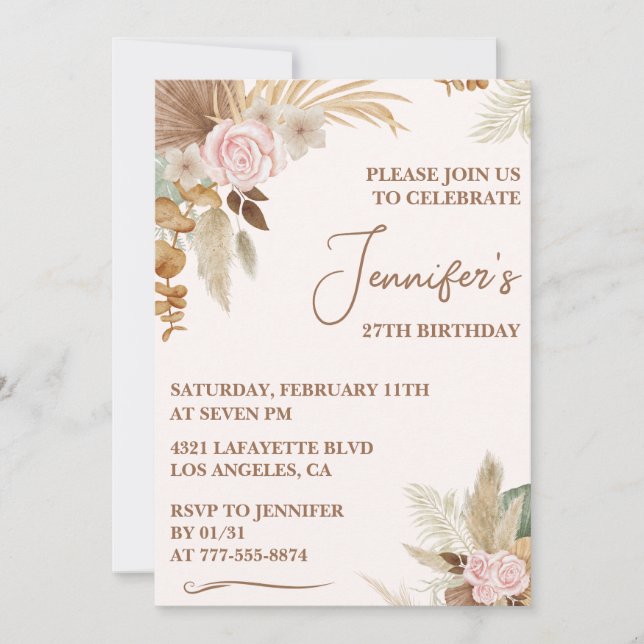 Invitación de cumpleaños 27 simple floral boho mod (Anverso)