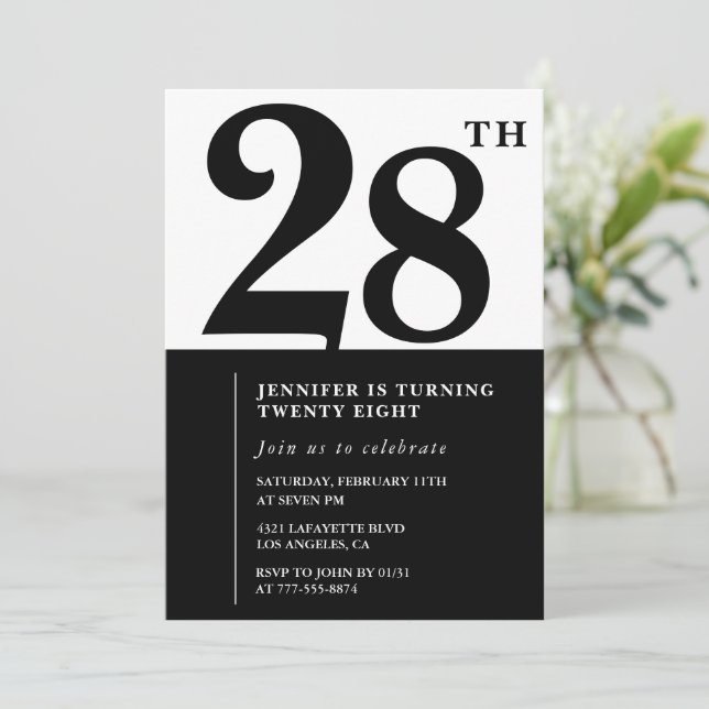 Invitación de cumpleaños 28 elegante niña Blanco N (Anverso de pie)